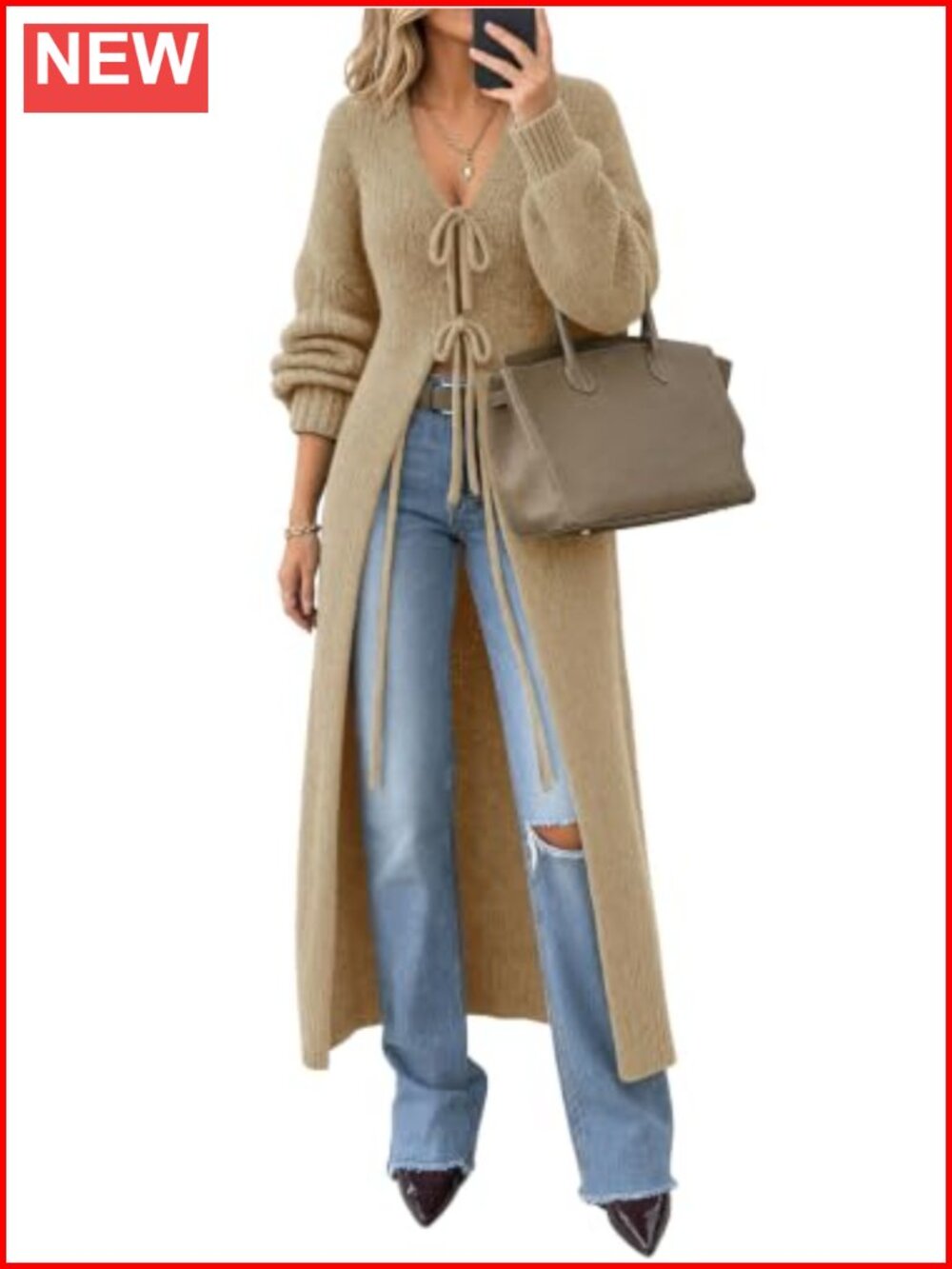 Women's Bow Tie Front Oversized Chunky Knit Cardigan Sweater Long Puff Sleeve
